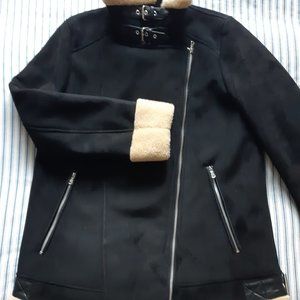 ZARA Faux Suede and Shearling Biker Jacket Size Lg. Black and Tan